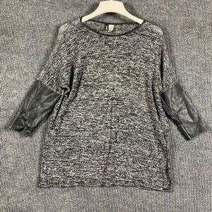 HM Divided Sweater Womens Medium Gray Faux Leather Trim 3/4‎ Sleeve Lightweight